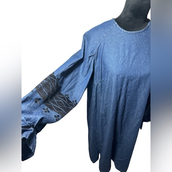 Ne Quittez Pass Open Sky chambray embroidered balloon sleeves dress Sz L - Picture 7 of 13